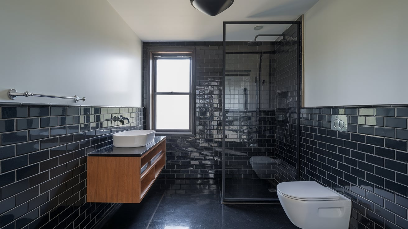 black subway tile design black and white bathroom
