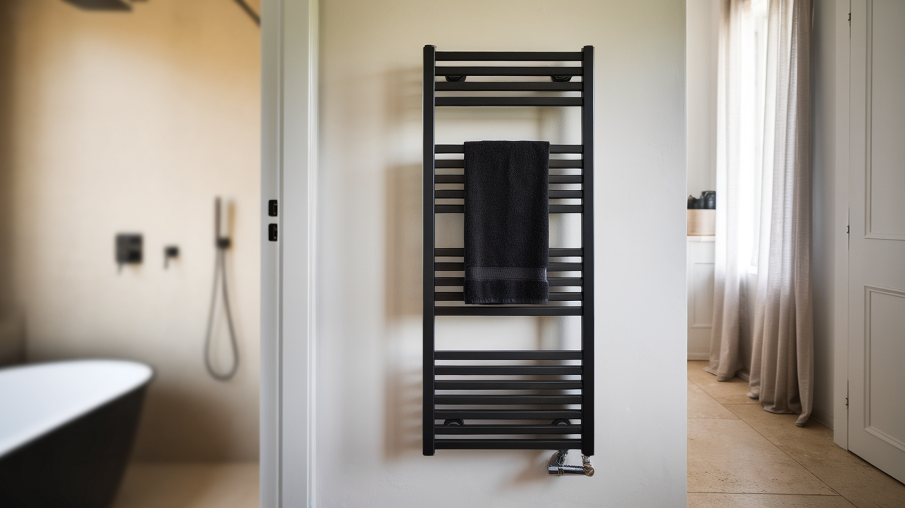 black towel warmer black and white bathroom
