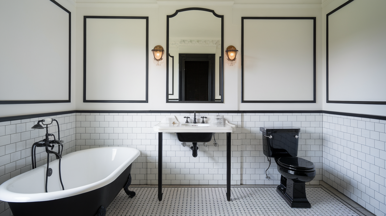 black trim white walls black and white bathroom