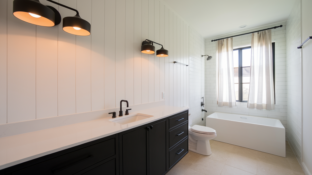 black vanity lighting black and white bathroom