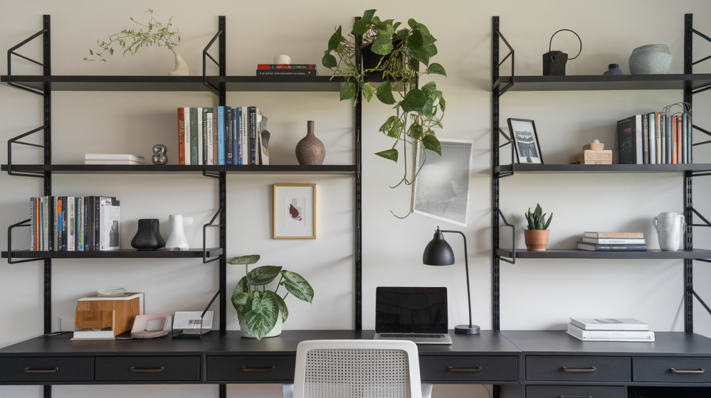 black wall shelves office black interior