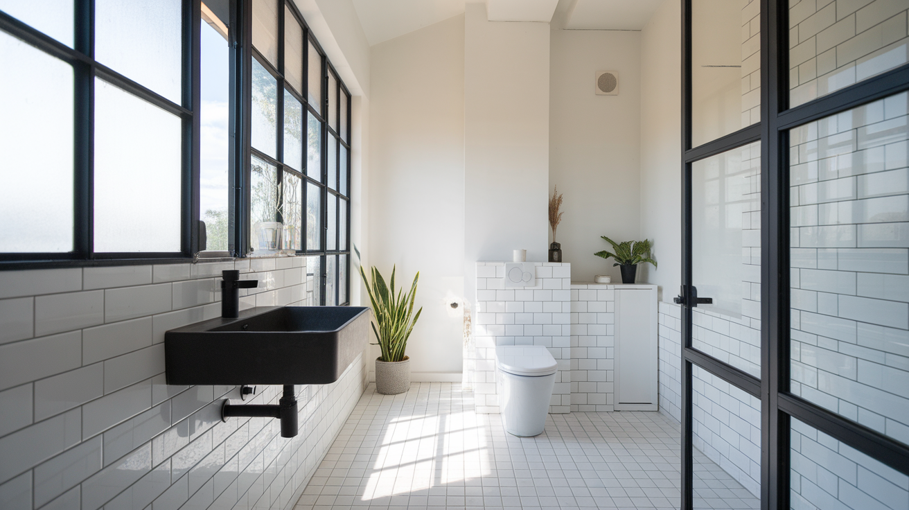 black window frames black and white bathroom