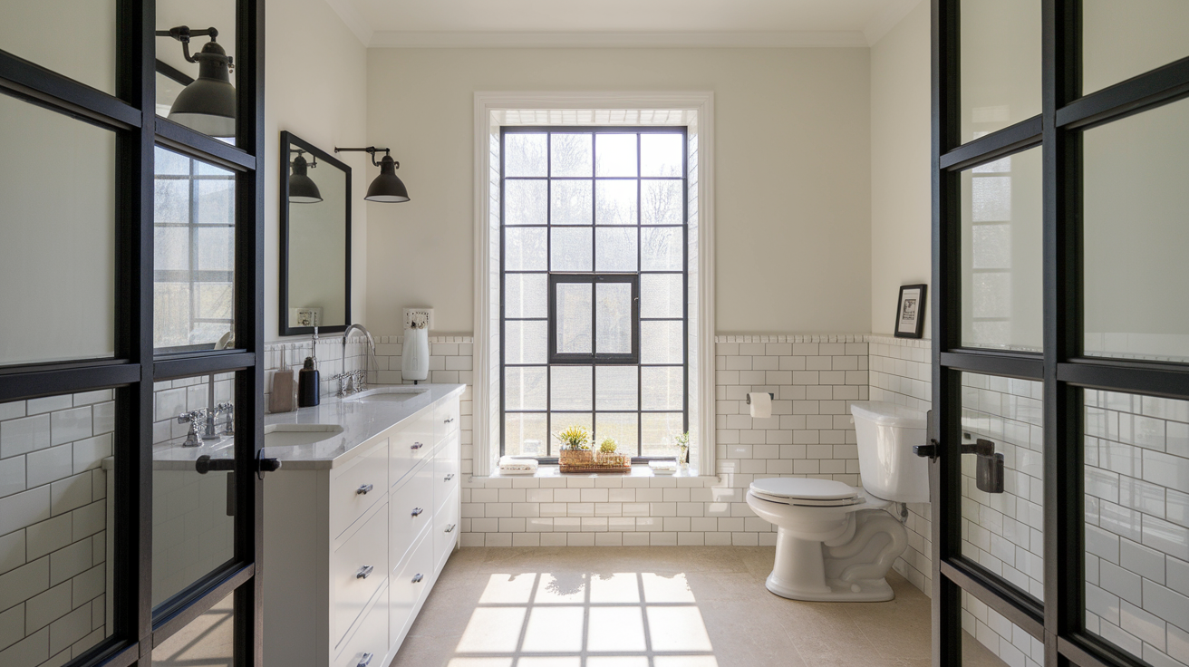 black window grid white bathroom black and white bathroom