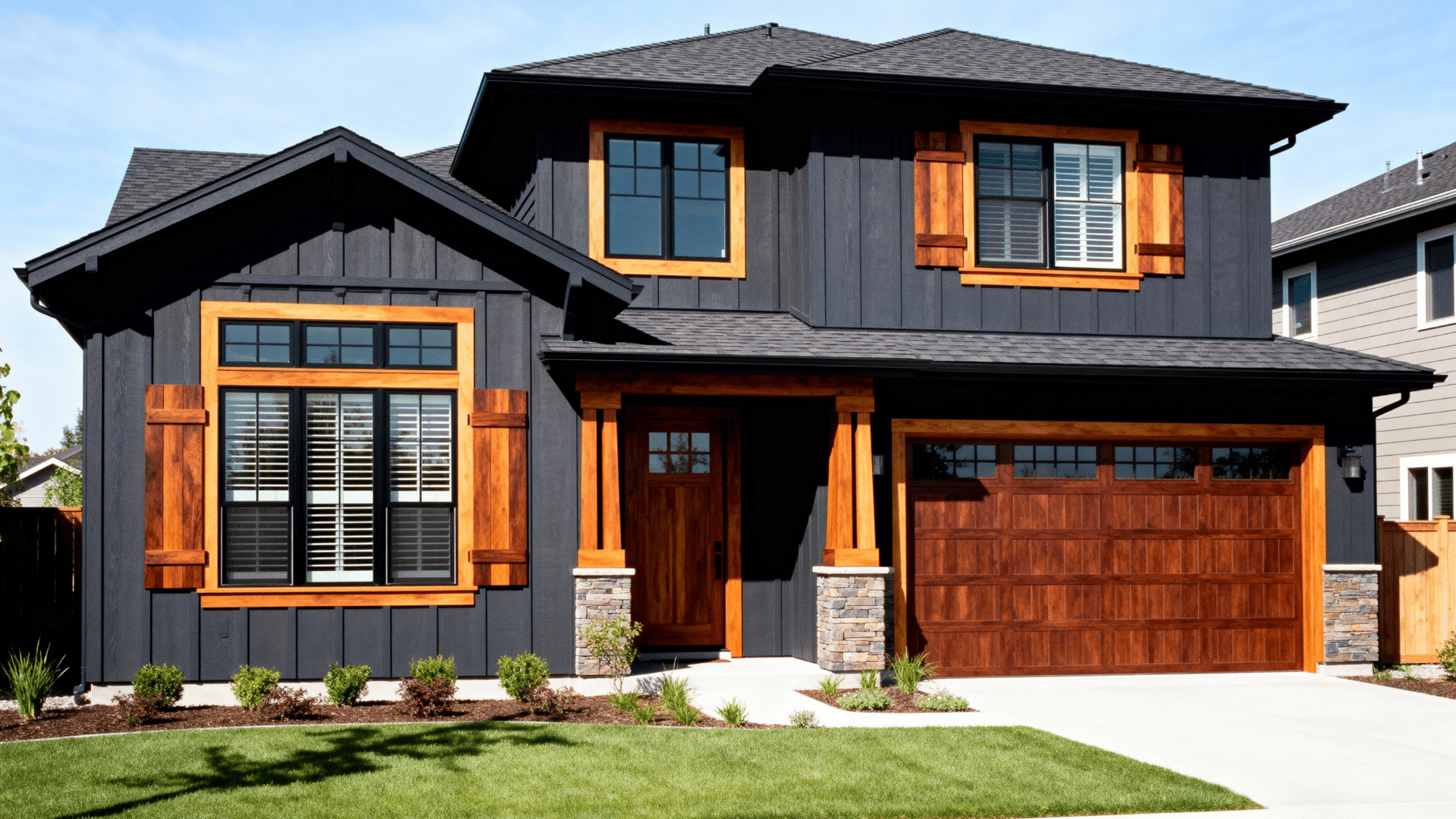 charcoal grey with natural wood accents