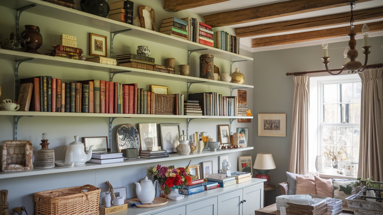 collected accessories on shelves english cottage style
