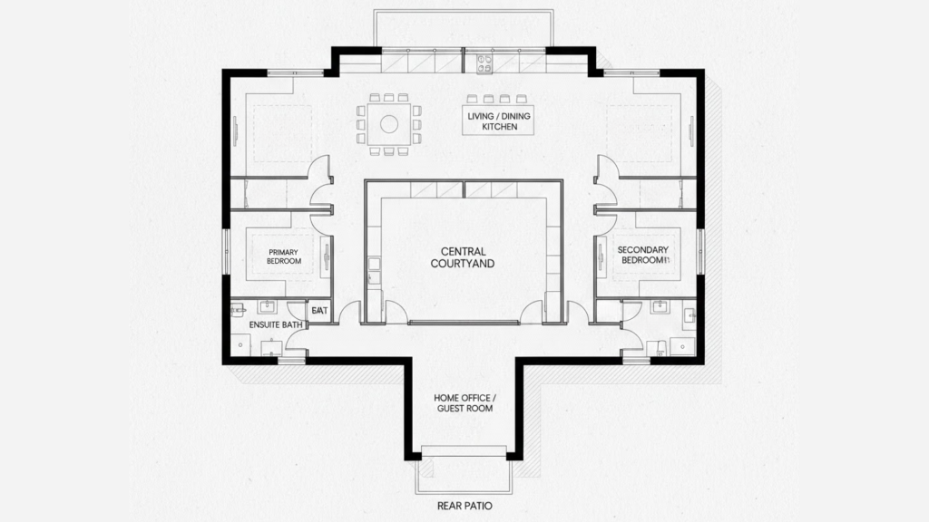 courtyard centered contemporary house floor plan