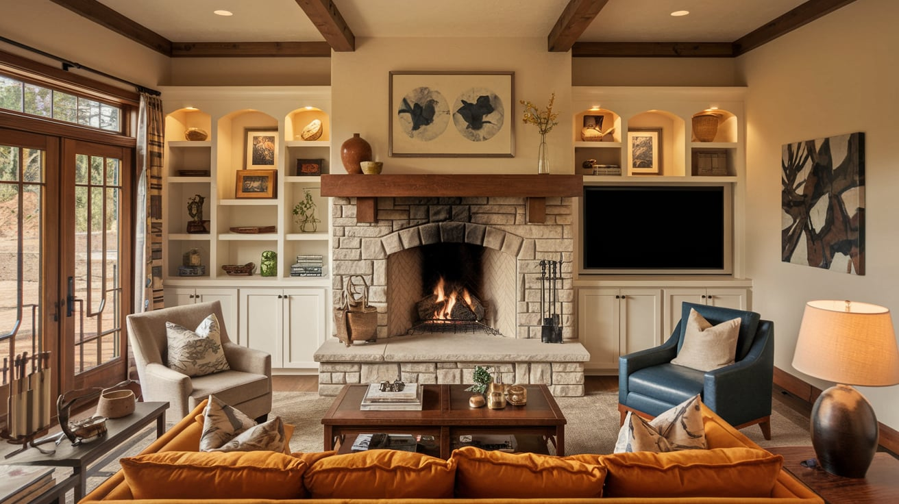 craftsman style house living room fireplace