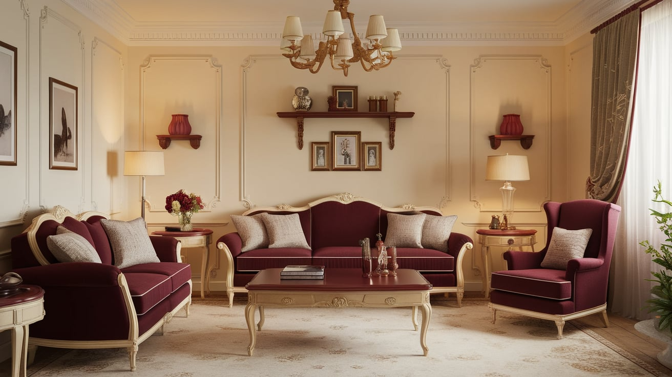 cream and burgundy home decor