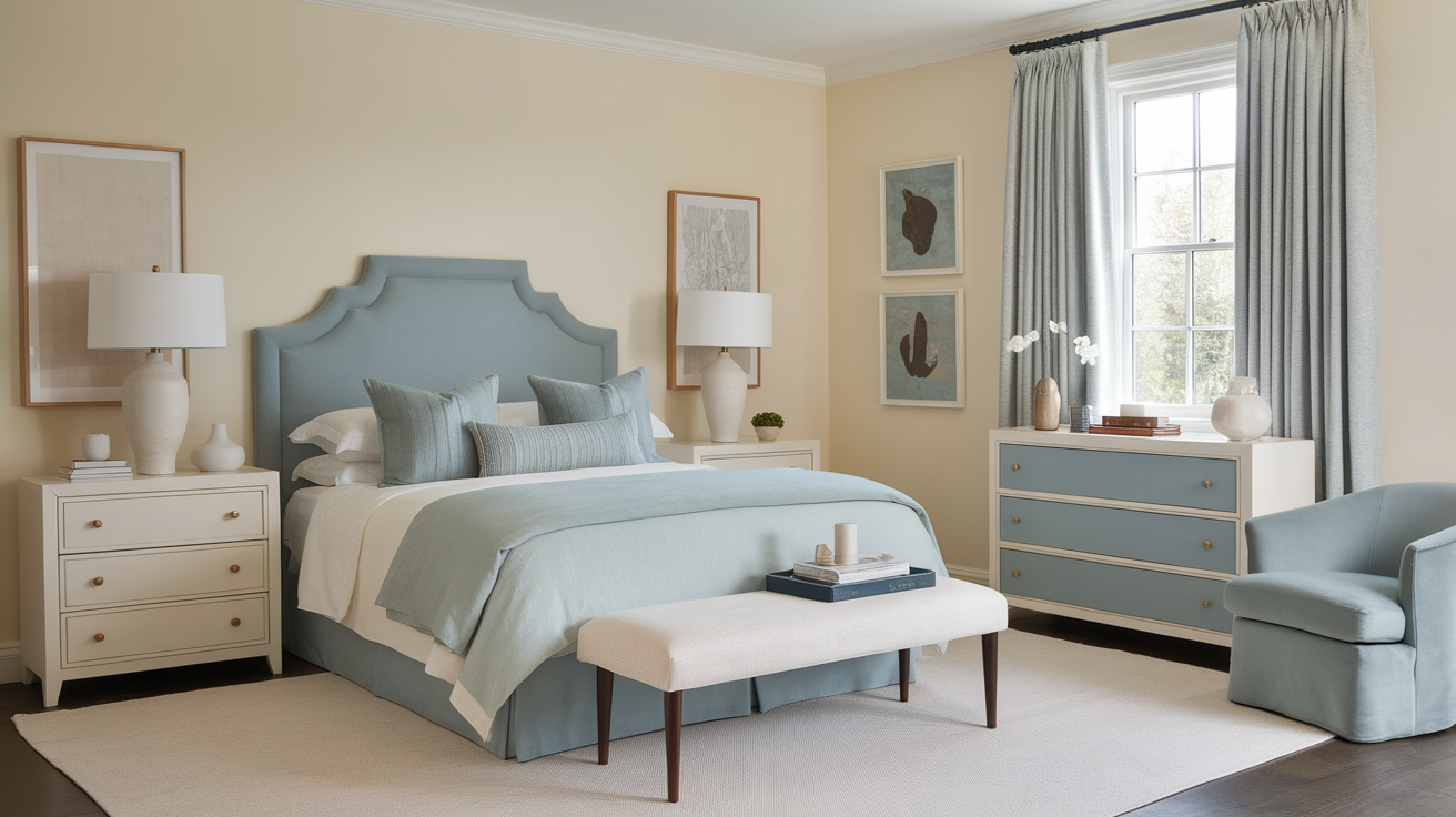 cream and dusty blue home decor