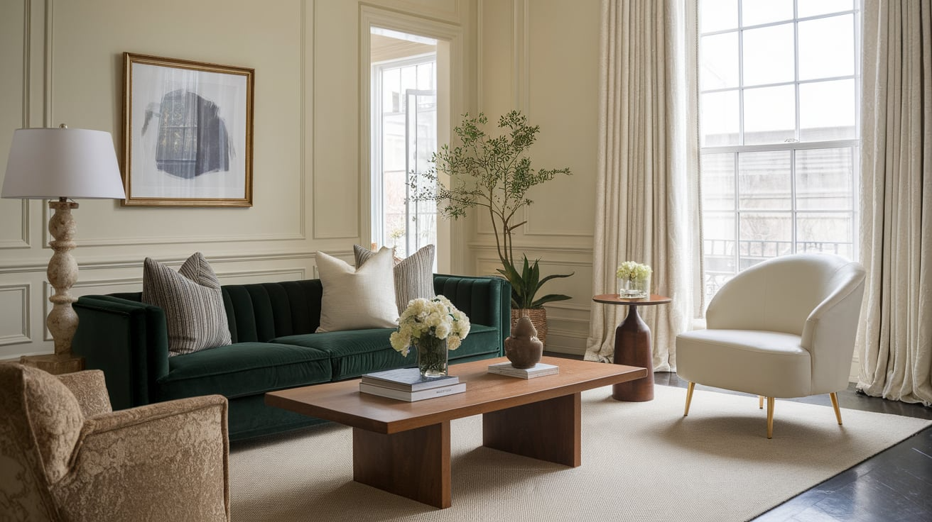 cream and forest green home decor