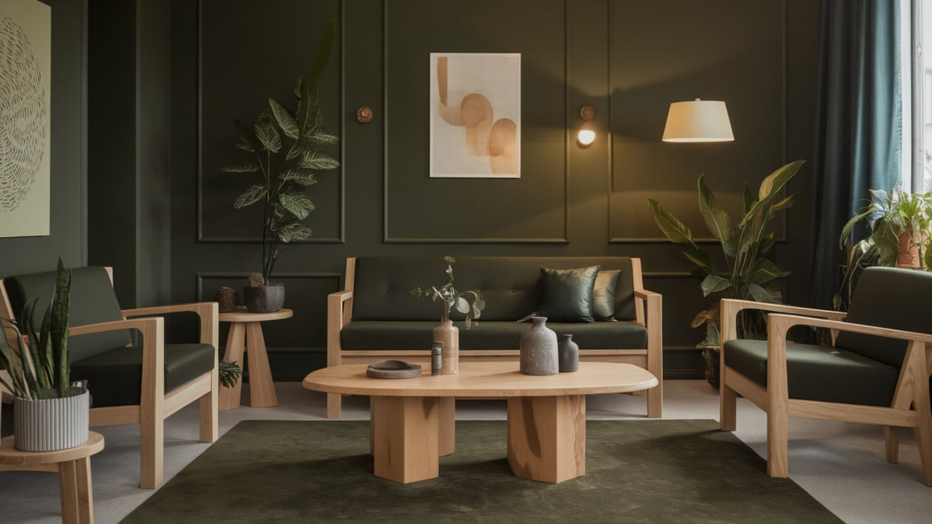 dark green and wood modern living room