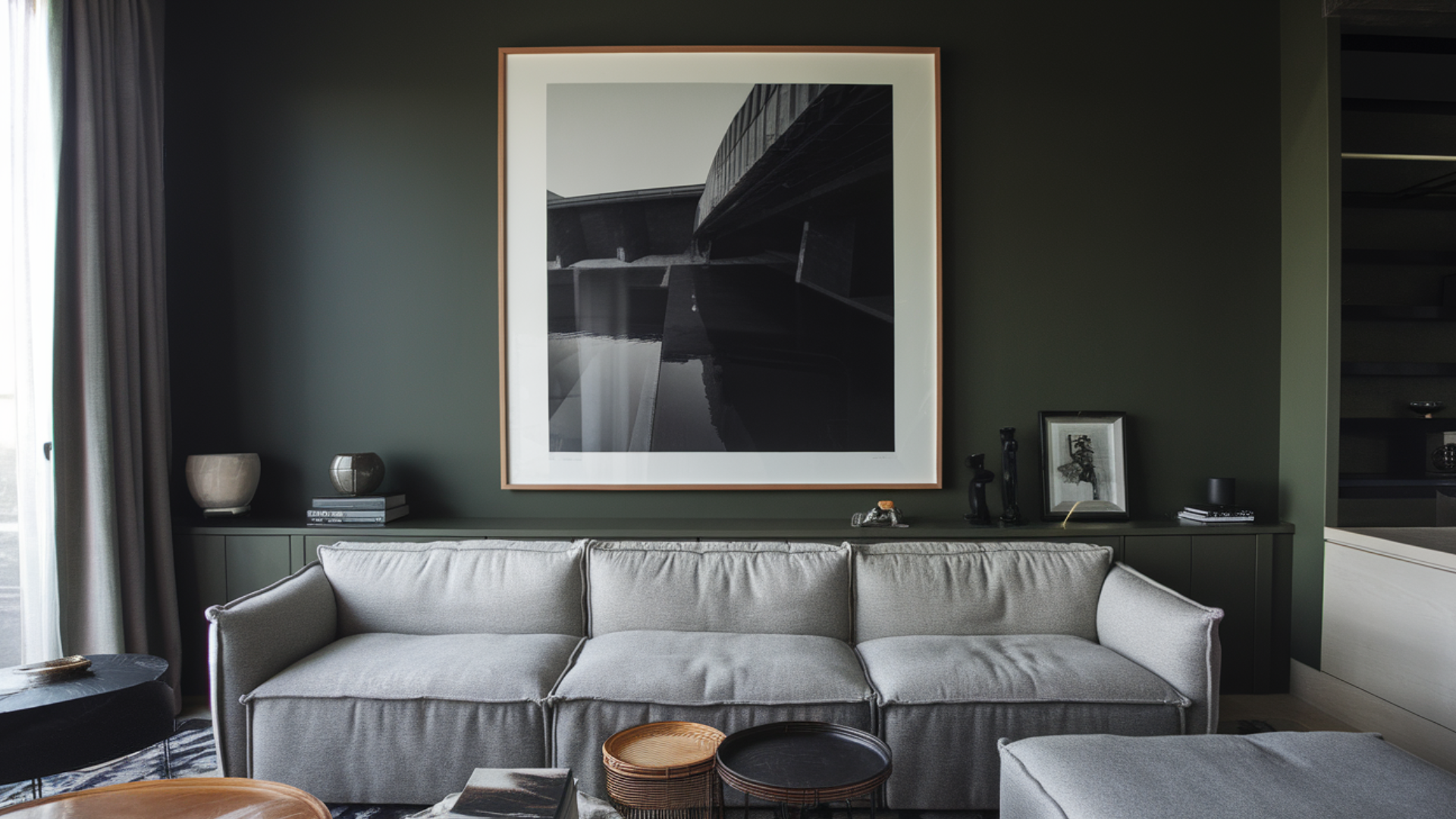 dark green art wall modern living room