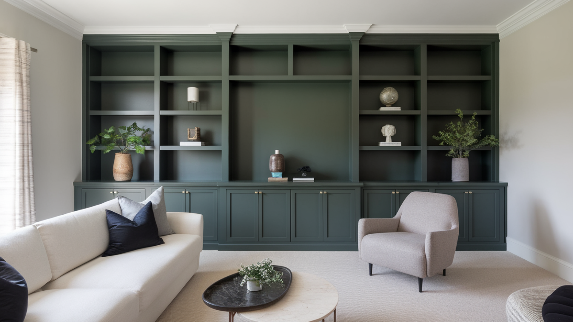dark green built in shelves modern living room