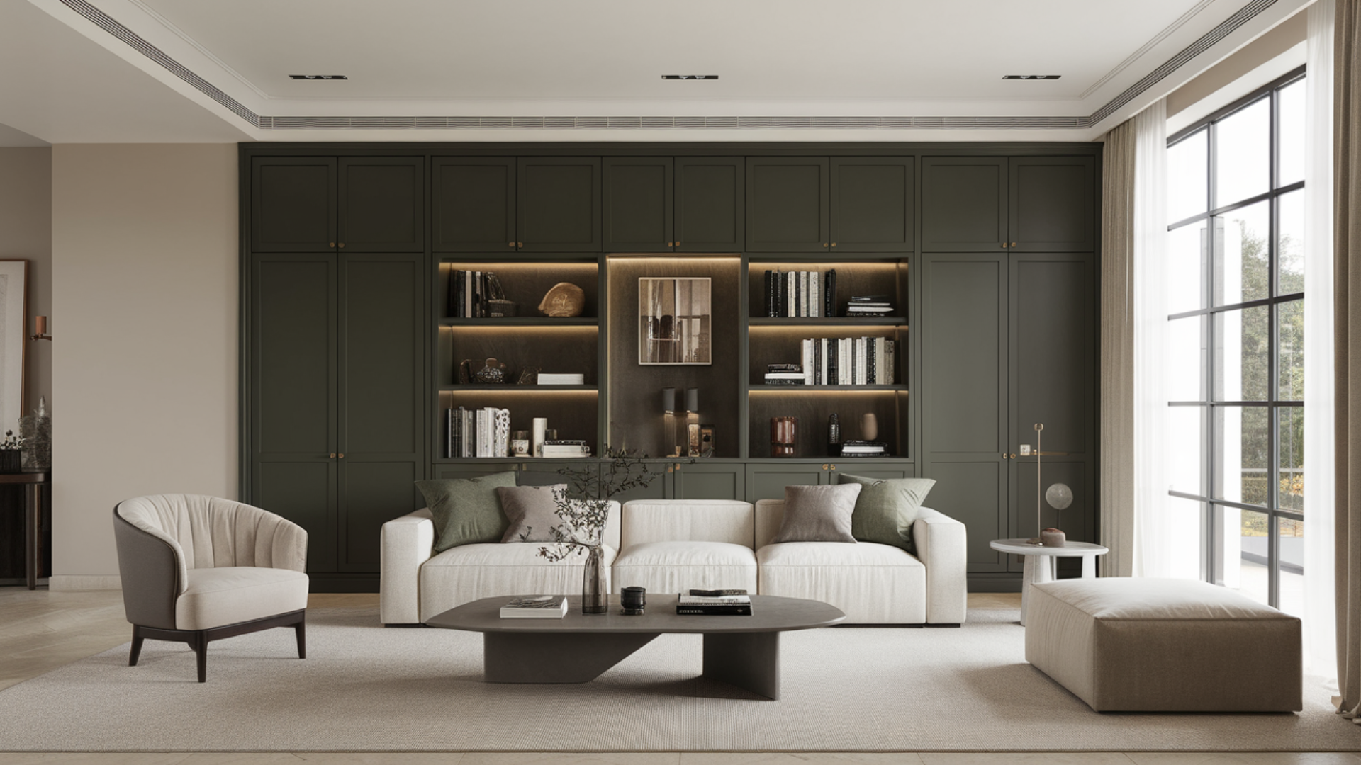 dark green cabinets modern living room
