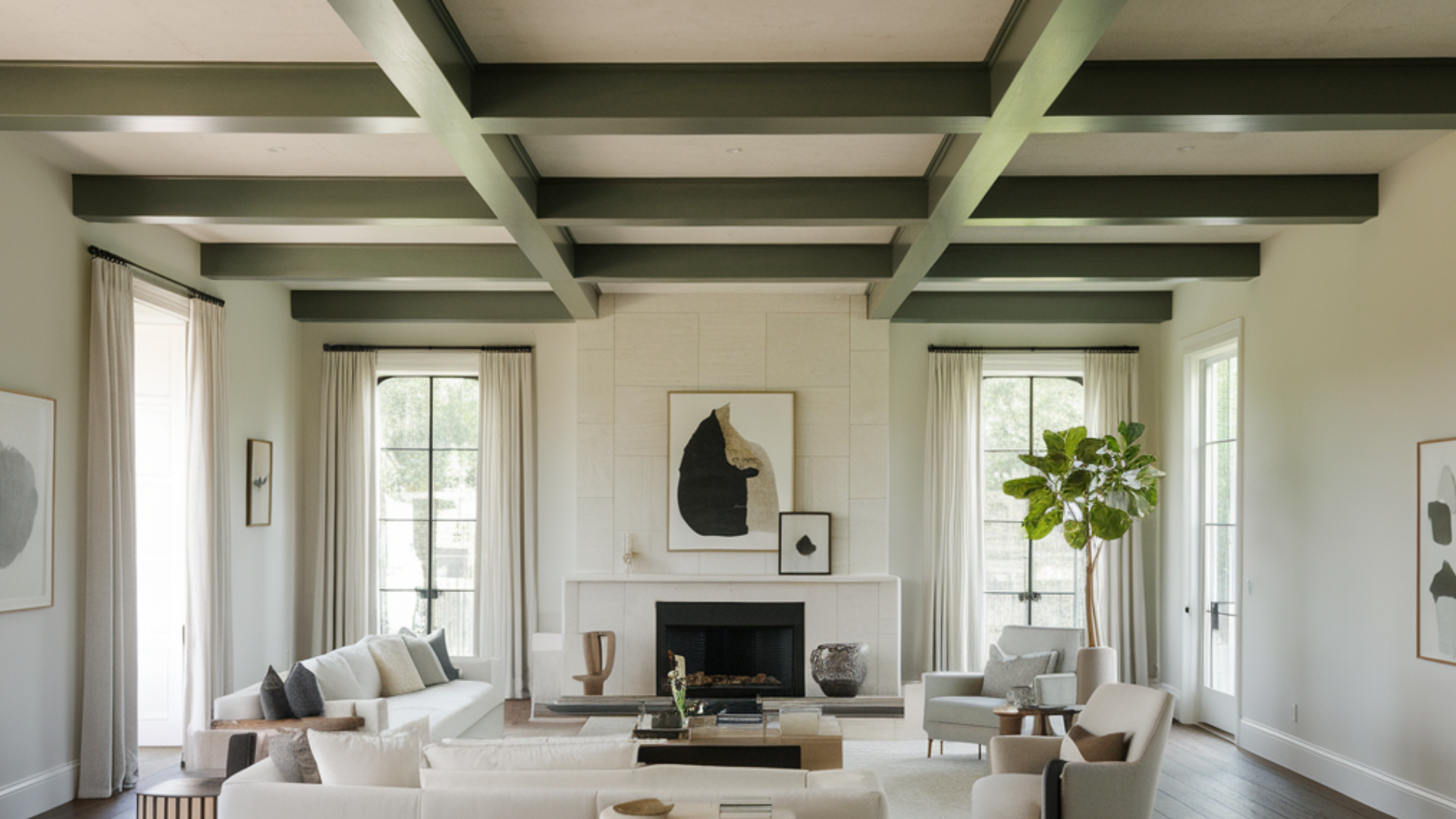 dark green ceiling beams modern living room