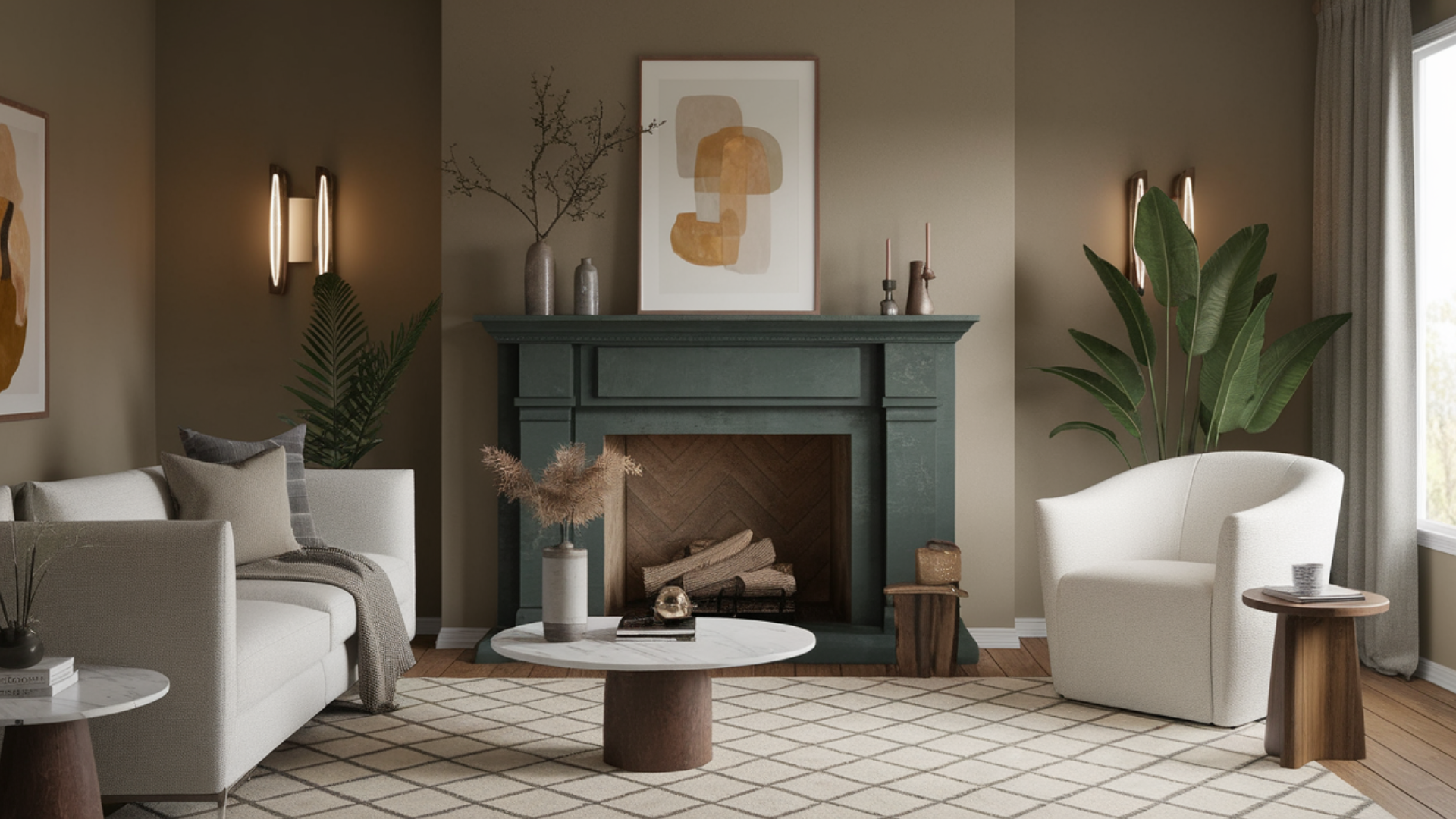 dark green fireplace modern living room