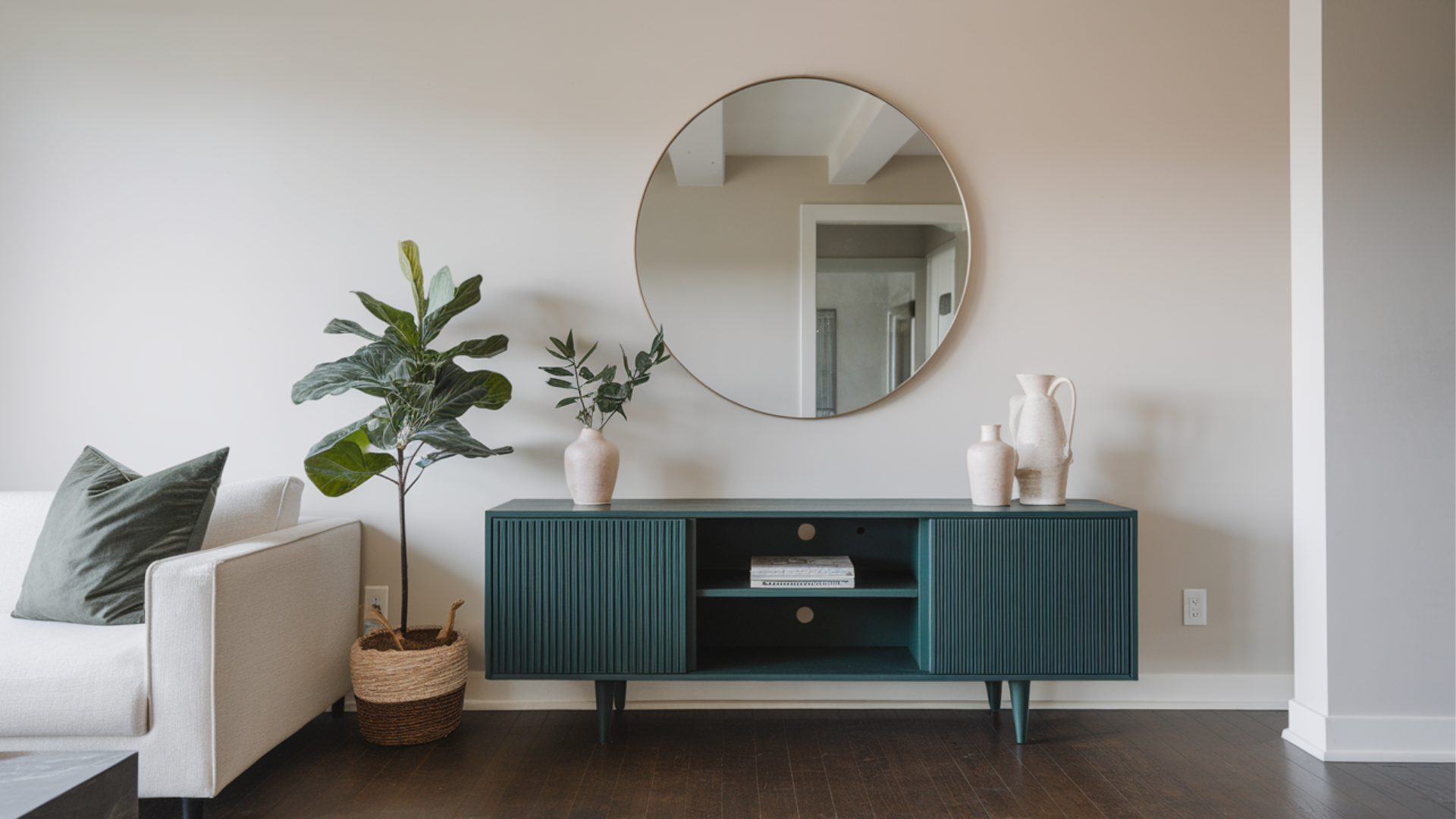 dark green media console modern living room