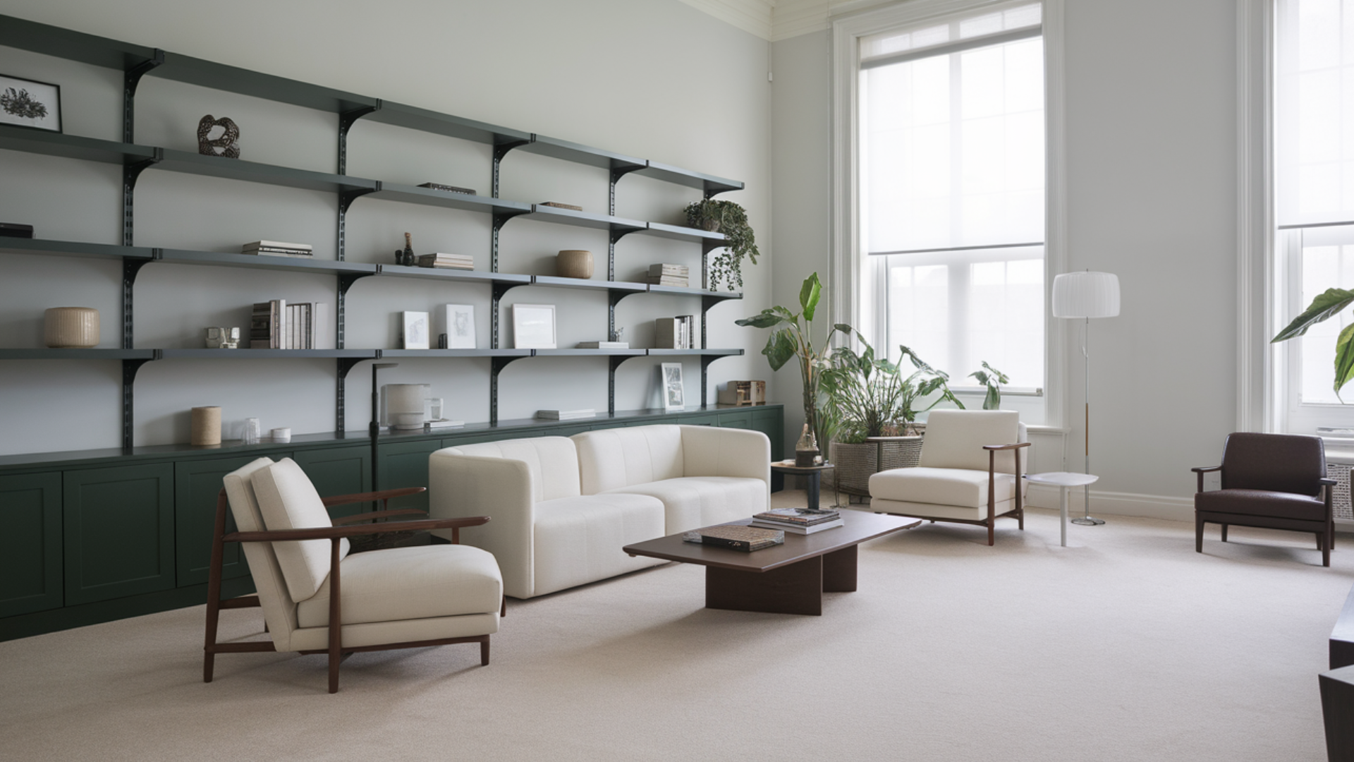 dark green open shelving modern living room