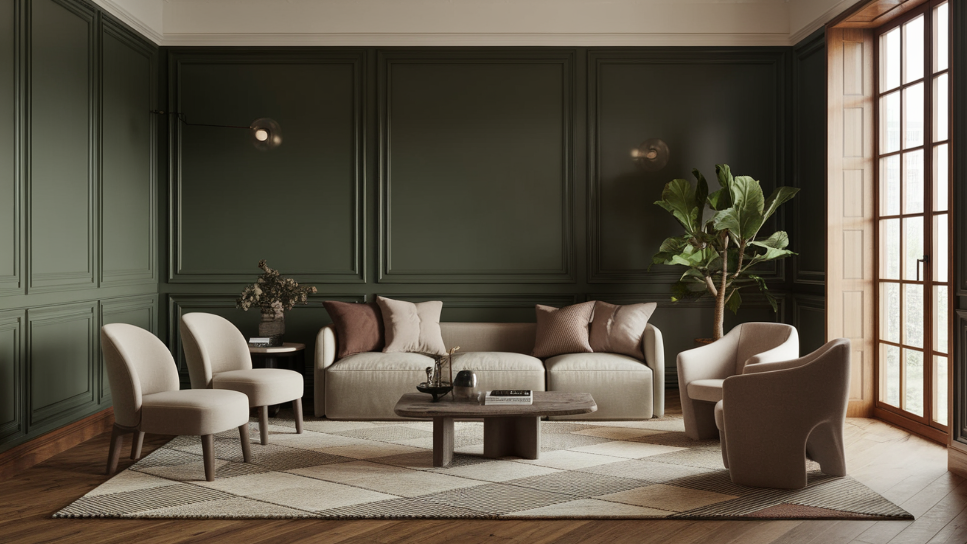 dark green wall paneling modern living room