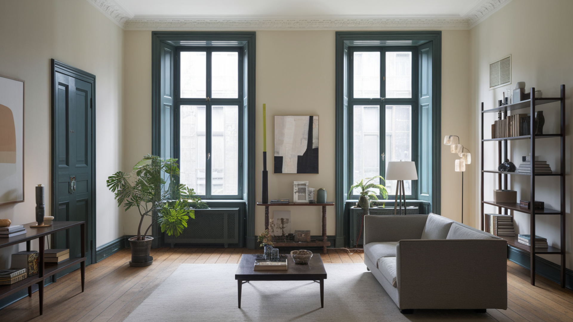 dark green window trim modern living room