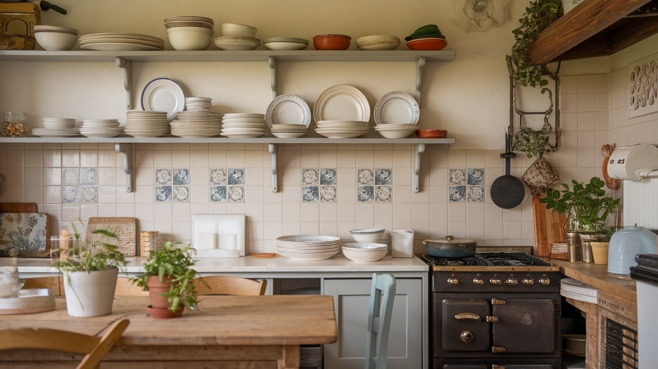 displayed dishes on open shelves english cottage style