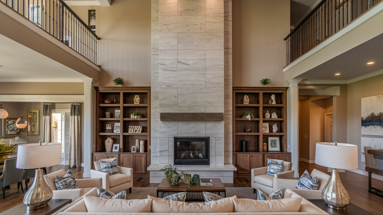 fireplace feature wall high ceiling living room wall decor ideas