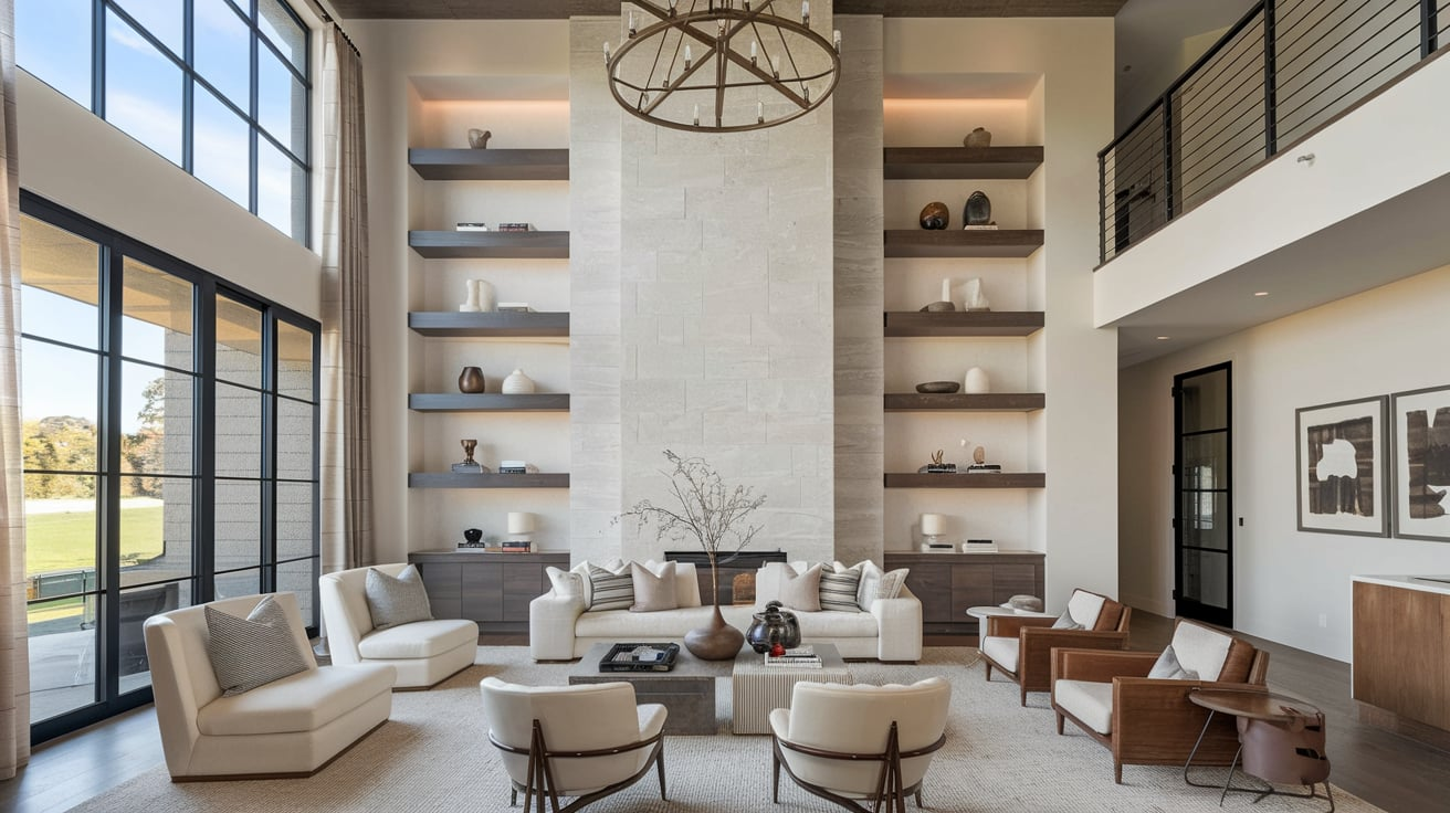 floating shelves high ceiling living room wall decor ideas