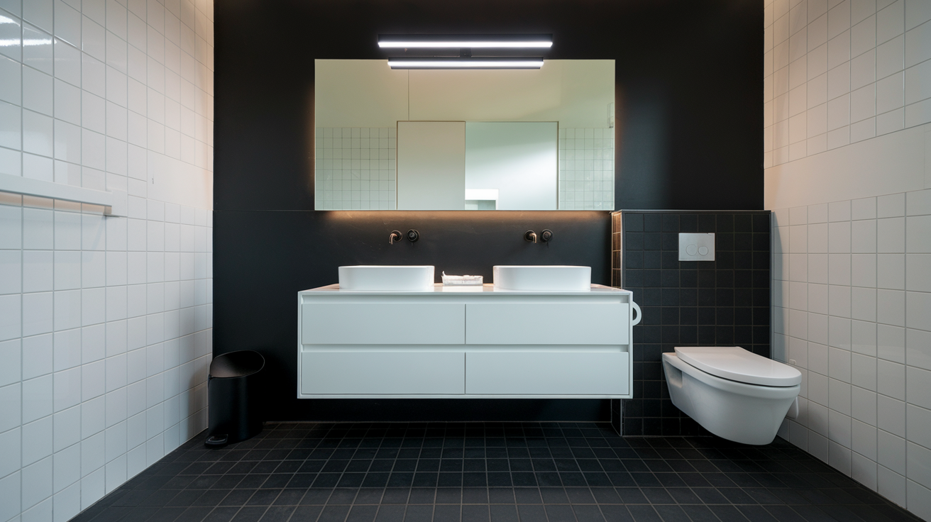 floating white vanity black wall black and white bathroom