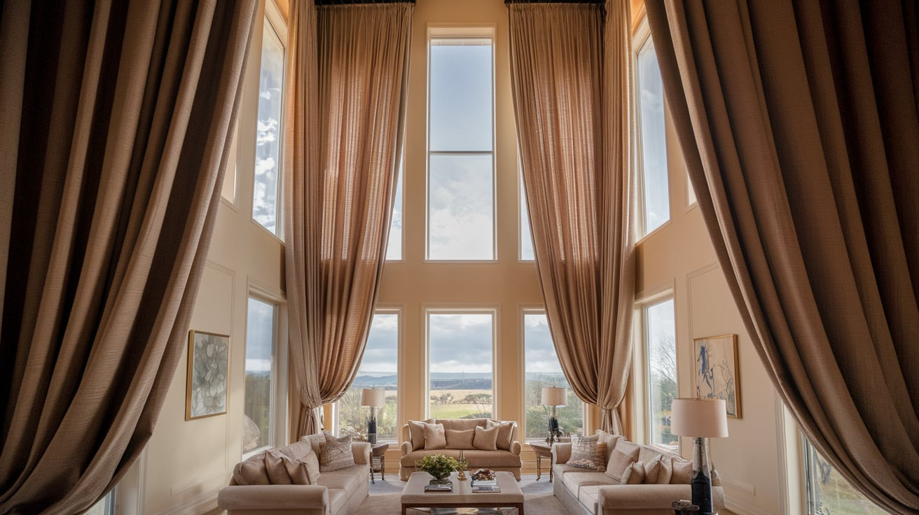 floor to ceiling curtains high ceiling living room wall decor ideas
