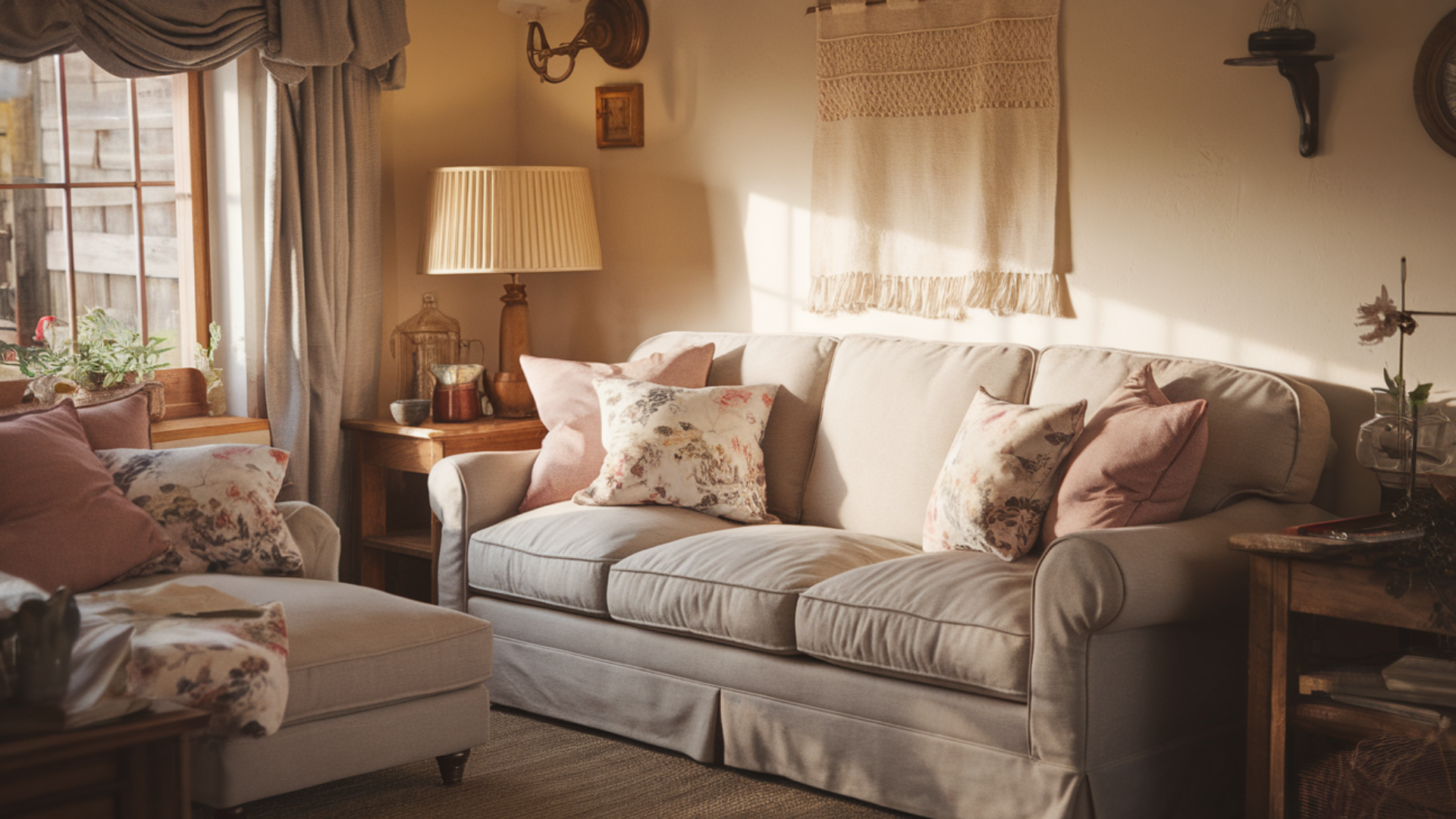 floral accent pillows on sofa english cottage style
