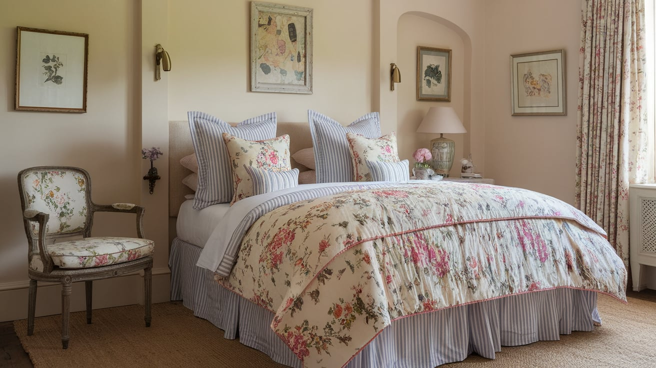 floral bedding in bedroom english cottage style
