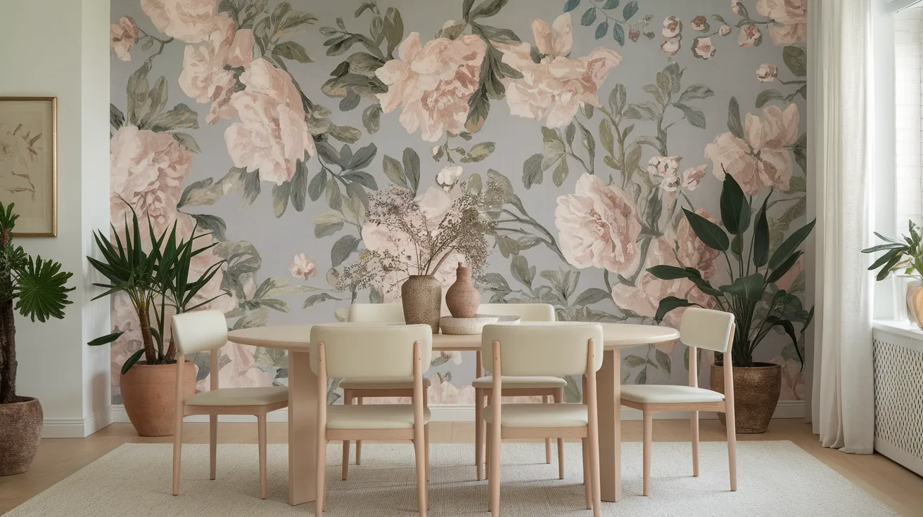 floral wallpaper dining room accent wall idea
