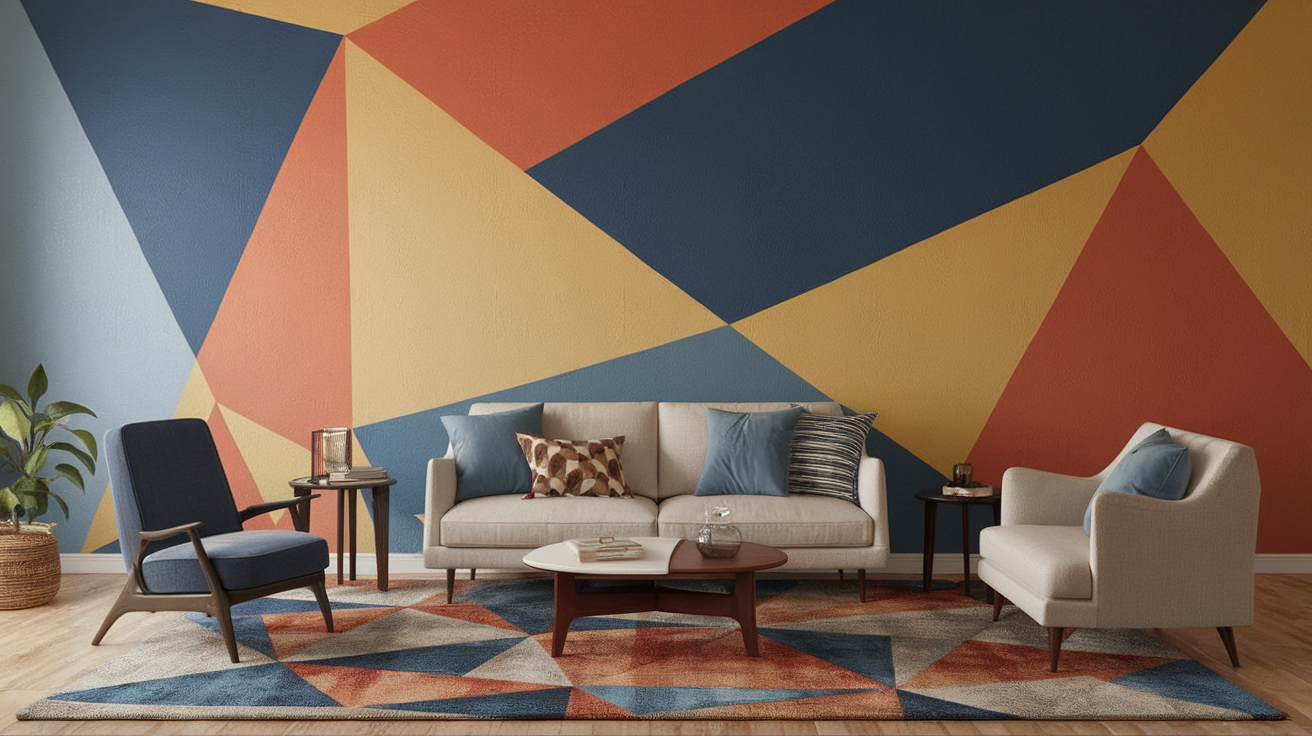geometric painted accent wall living room diy wall decor