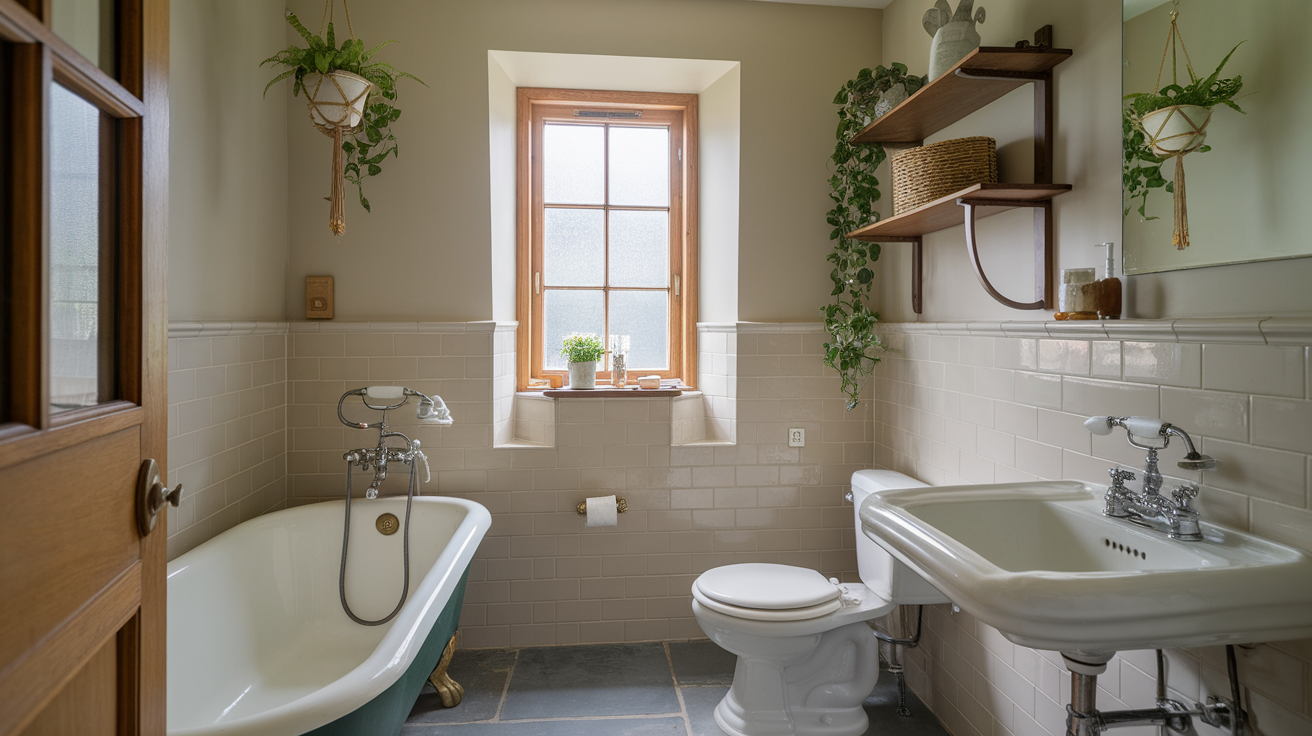 green plants in bathroom english cottage style