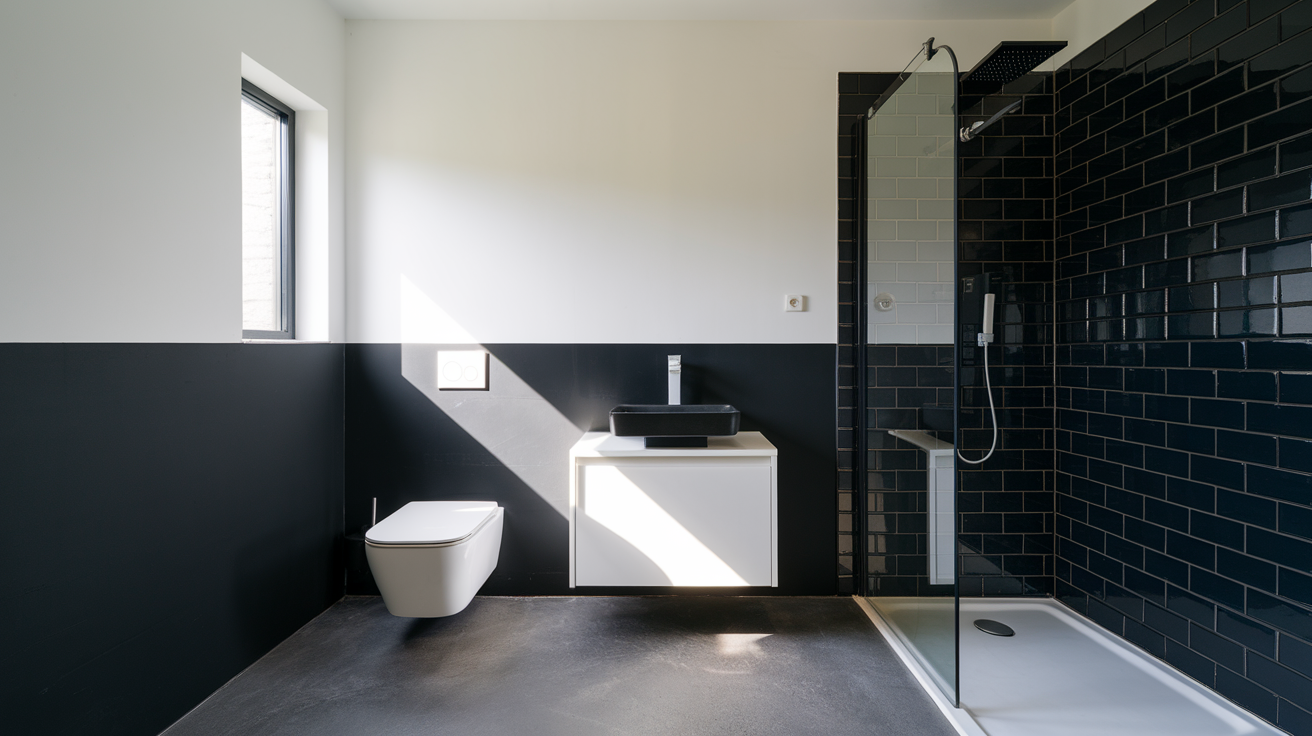 half black half white walls black and white bathroom