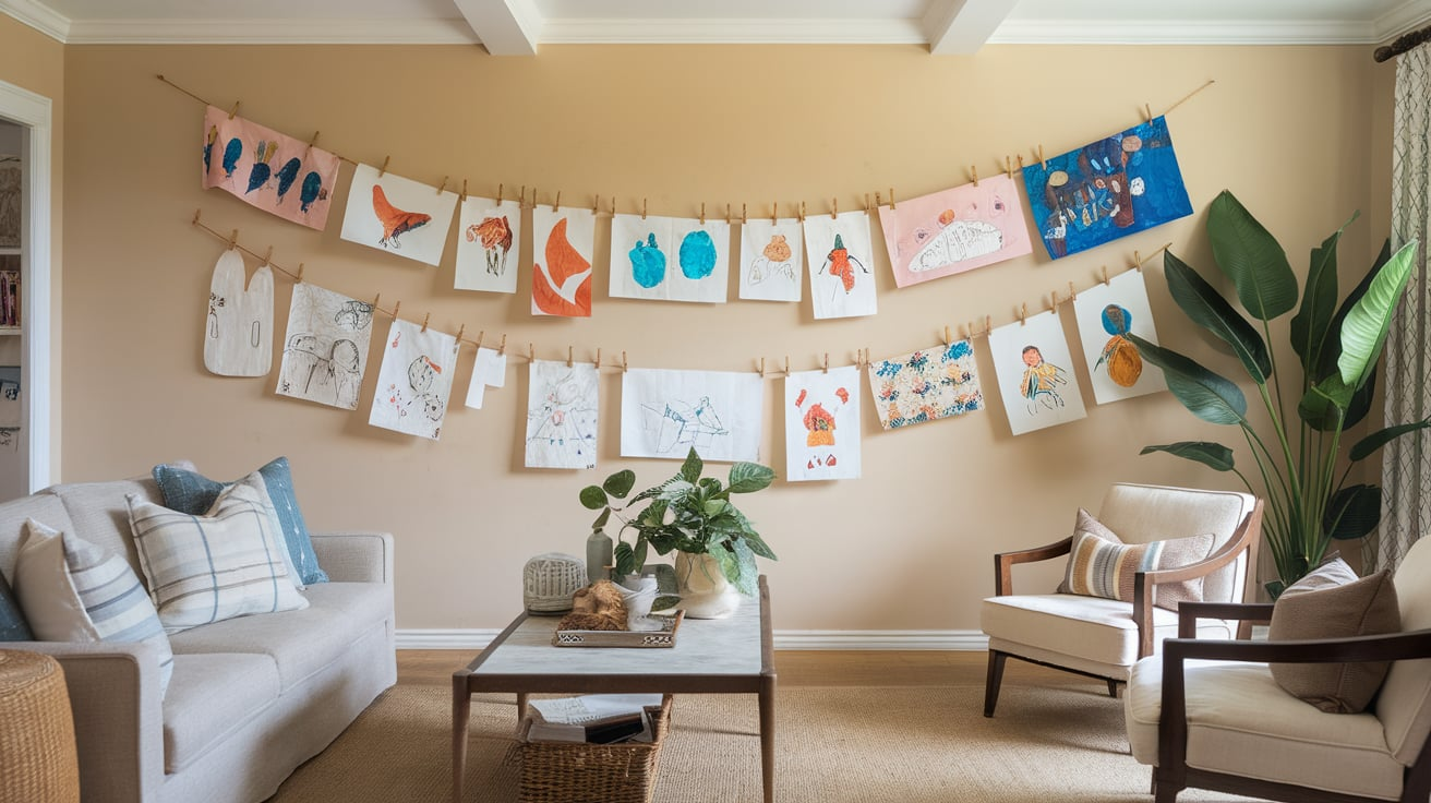 kids art display wall family room diy wall decor