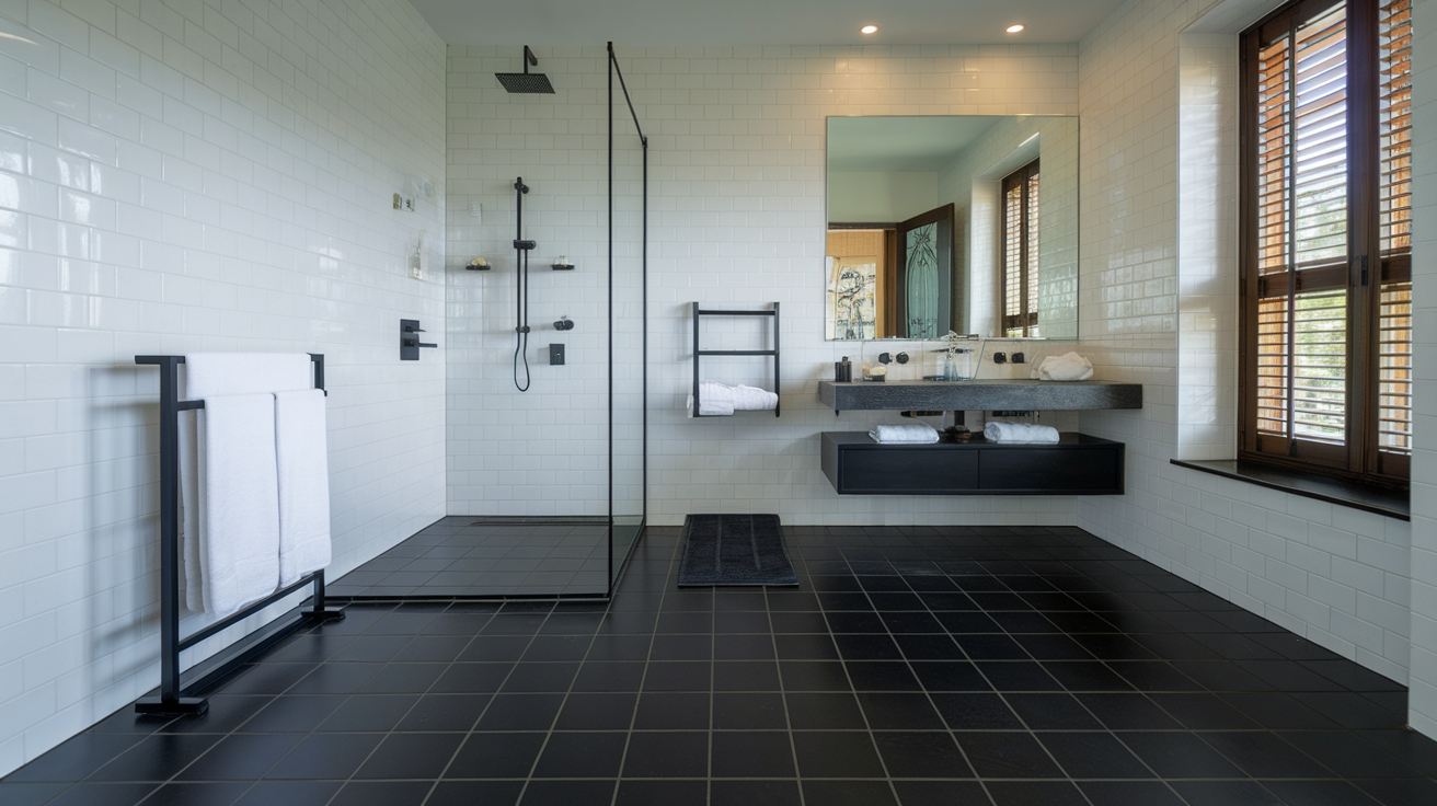 large black floor tiles black and white bathroom