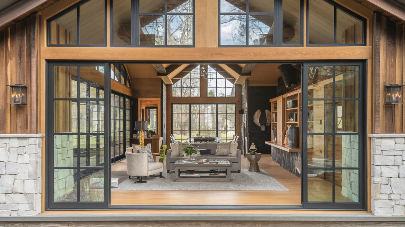 large windows black frames rustic modern house