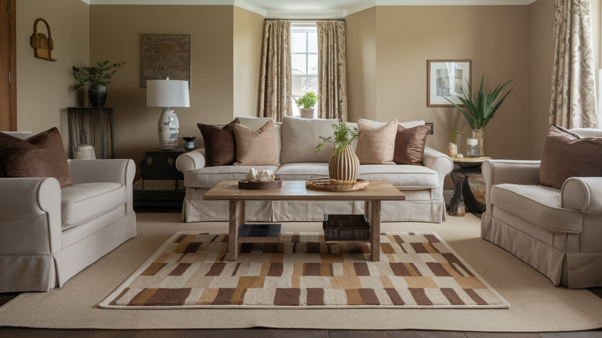 layered rugs in cozy living room english cottage style