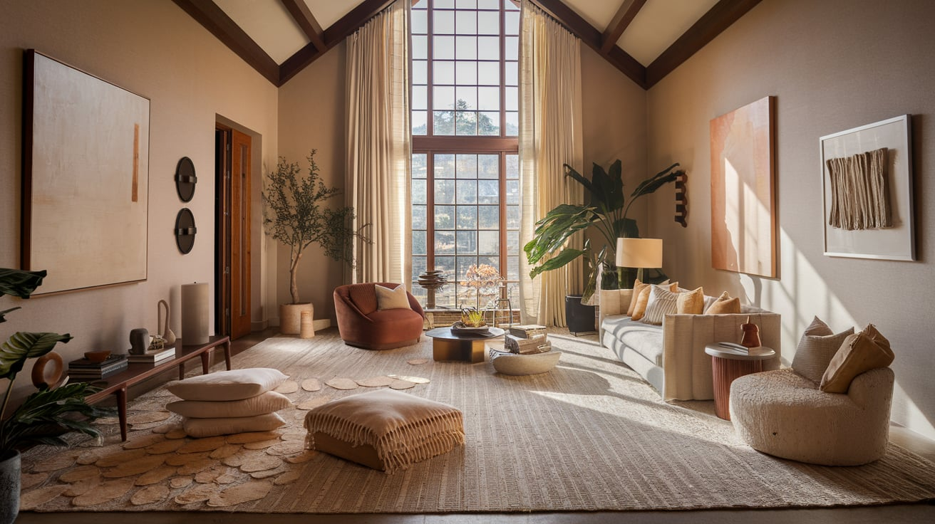 layered textiles high ceiling living room wall decor ideas