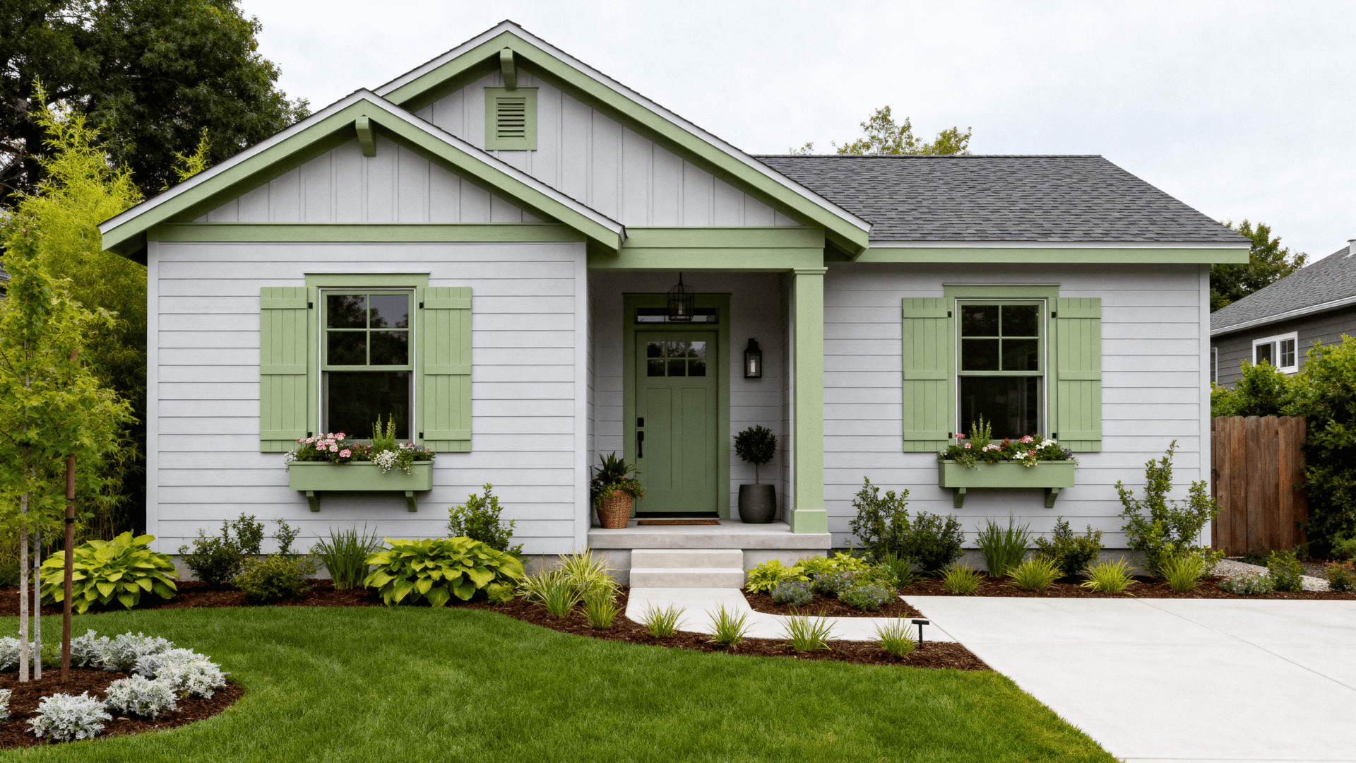 light grey with sage green trim
