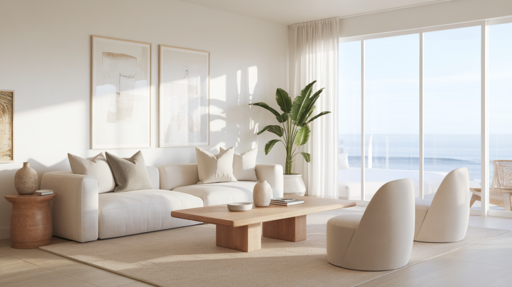 light neutral sofa modern coastal interior design