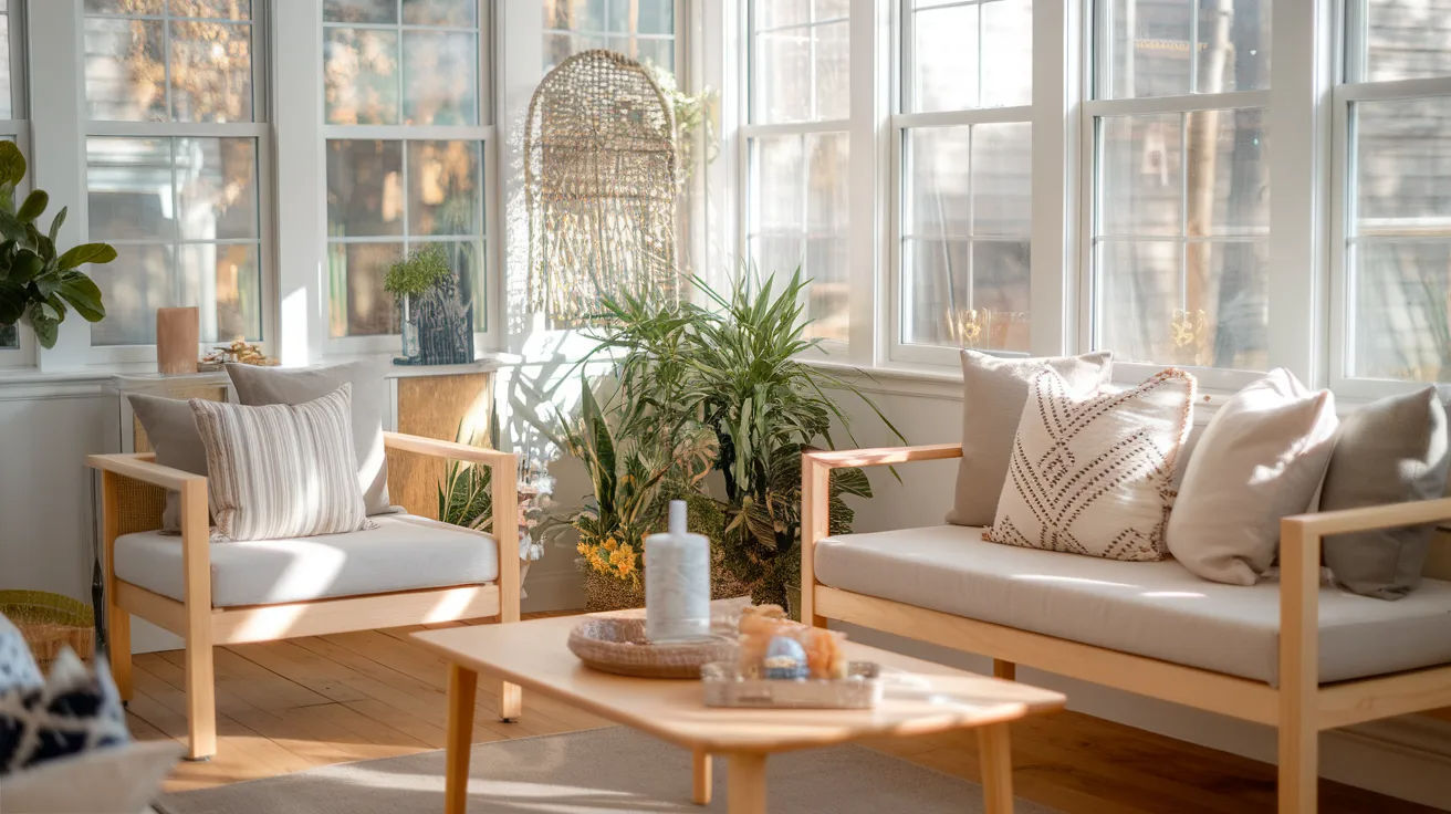 light wood cozy small sunroom