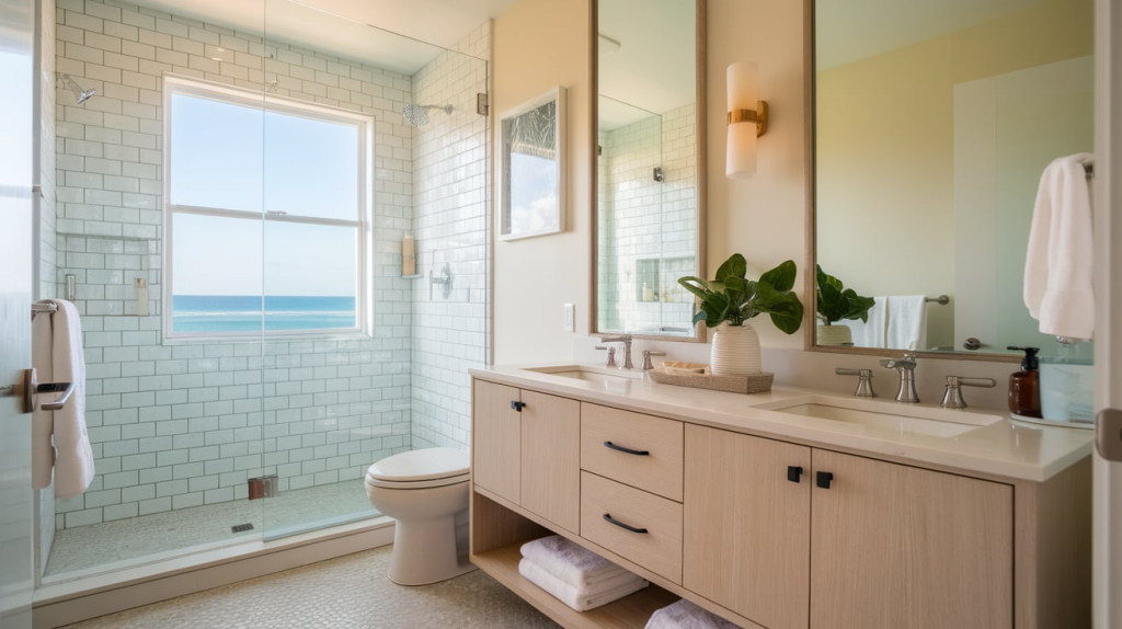 light wood vanity modern coastal interior design