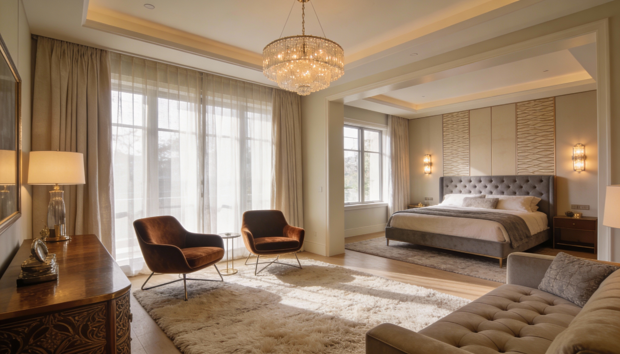 luxury modern bedroom with seating area