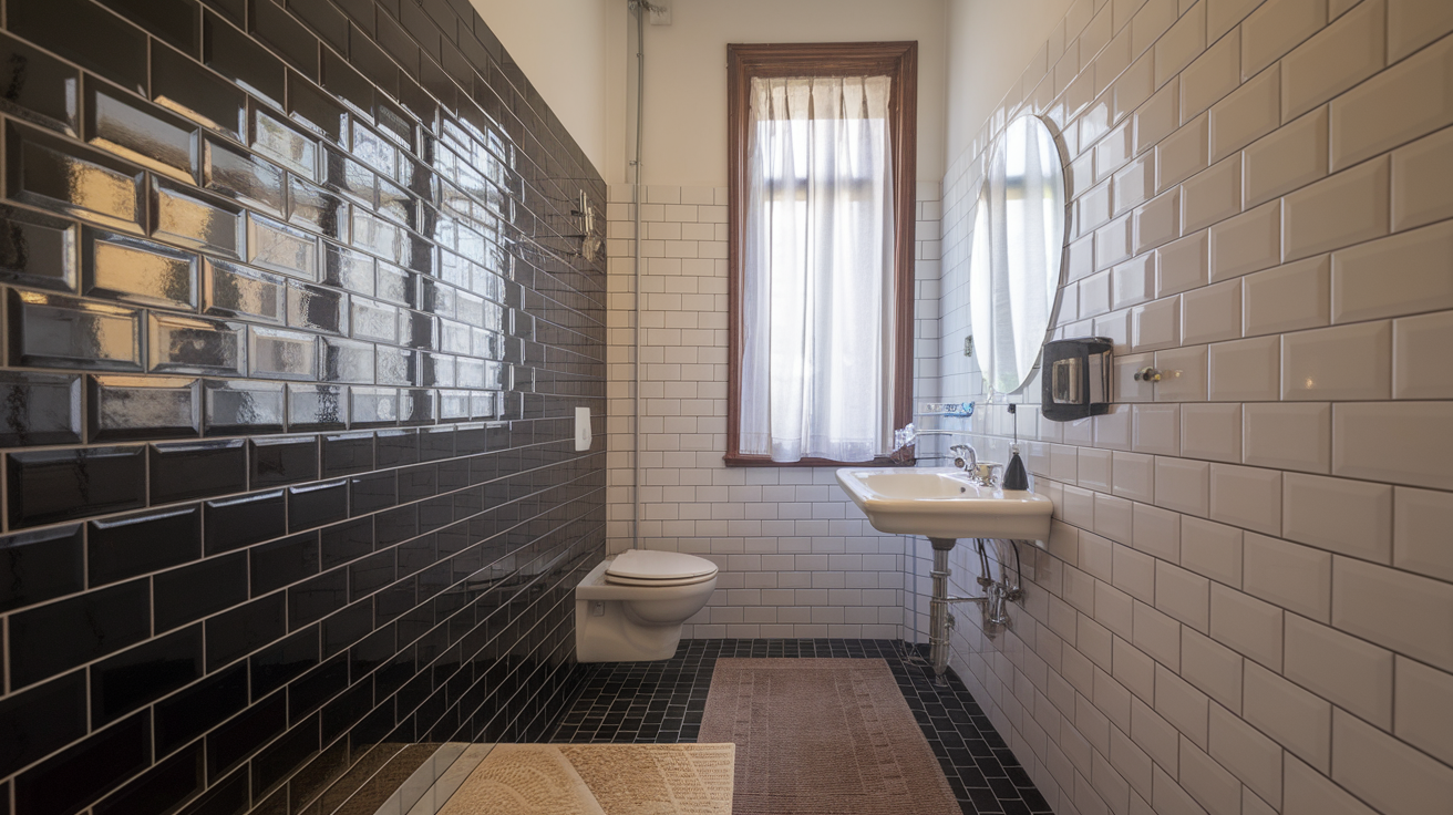 mixed finish tiles black and white bathroom