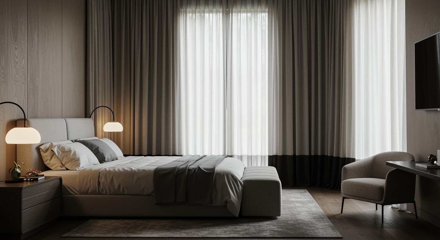 modern bedroom with floor to ceiling curtains