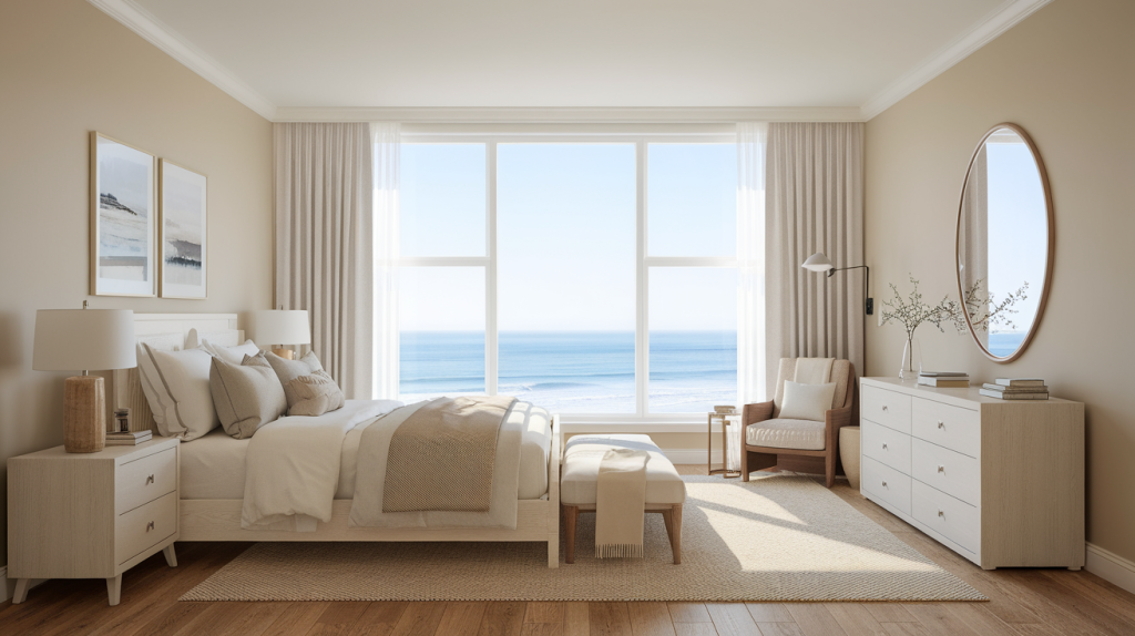 neutral bedding modern coastal interior design