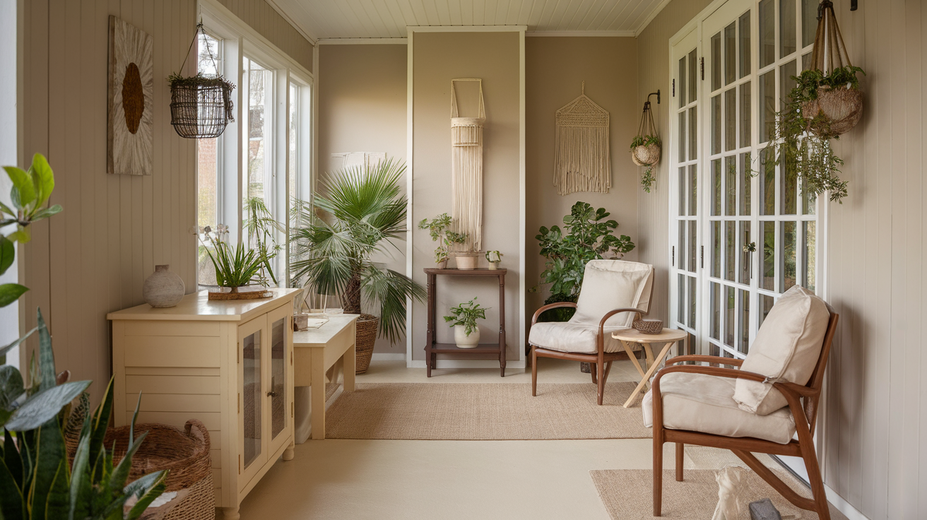 neutral colors cozy small sunroom