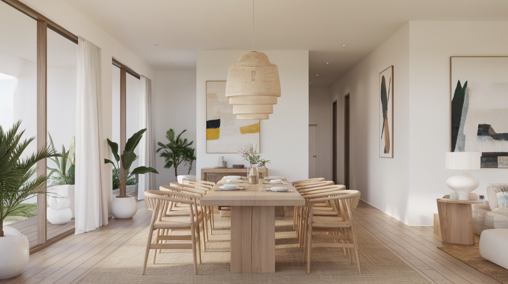 open dining layout modern coastal interior design